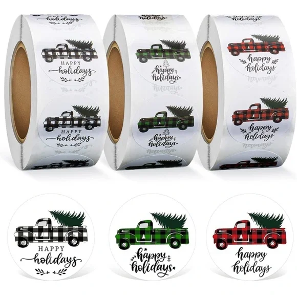 100 Christmas plaid pickup truck/tree stickers - Picture 2 of 6